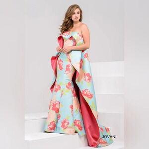Jovani Floral Mermaid Maxi Dress Gown Cape Teal Pink Sz 10 Prom Formal ALTERED!